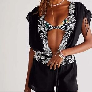 NWT Free People Weila Black Vneck Embroidered Short Romper/Cover Up Medium
